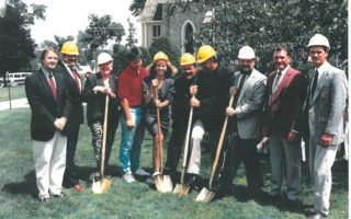 Groundbreaking Parish Hall 1993: l to r—Mike Black, Bob McDonald, Mary Hogan, Larry Yopp, Barb Kwiatkowski, Fr. Scott Leannah, Fr. Dave Braun, Ken Etten, James V. Sherrer and his son, James E. Sherrer.